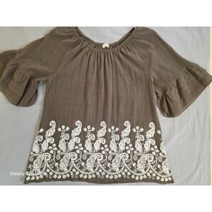 Embroidered Boho Tunic Top XL  Gauze Cotton Ruffle Sleeve Peasant Olive Drab